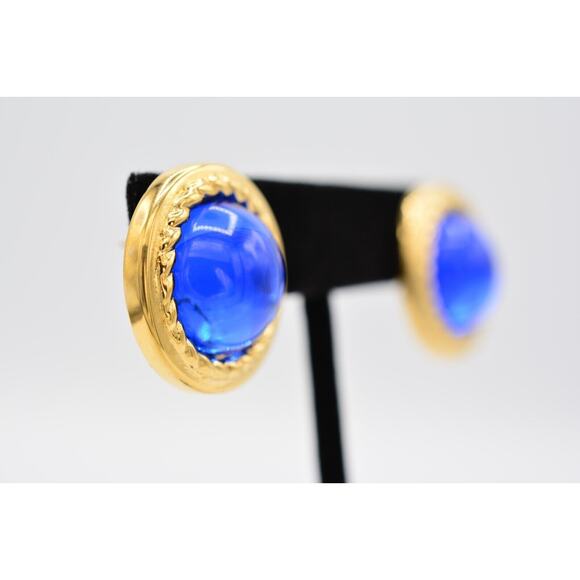 Givenchy Vintage Blue Cabochon Earrings Royal Round Gold Chunky Signed 80s Bin4 - Picture 4 of 12